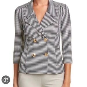 CAbi Navy & White Striped Nautical 3/4 Sleeve  Double-Breasted Blazer With Gold